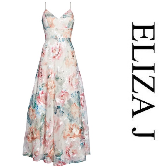 Eliza J floral print embroidered mesh gown - Picture 3 of 10